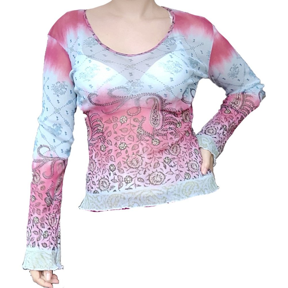 y2k mesh longsleeve top super nice stretchy micromesh blouse in blue/pink ombre